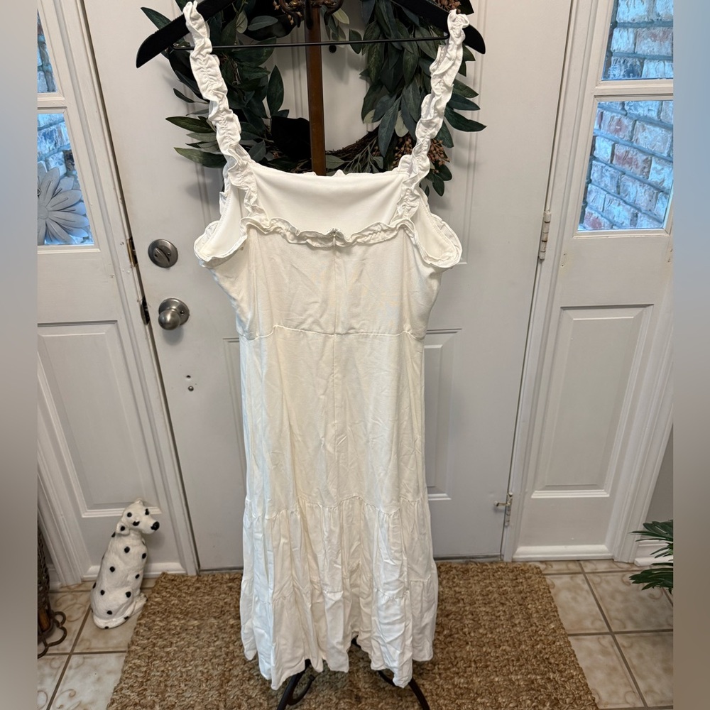 She + Sky Minimalist Solid White Ruffle Trim Midi… - image 2